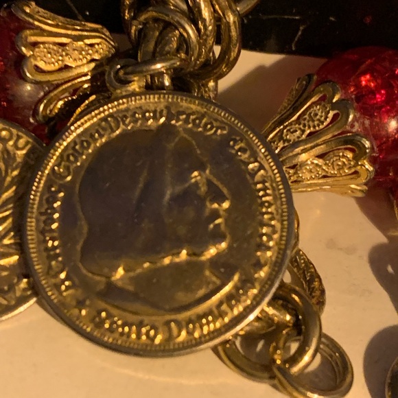 Vintage Gold Plated Coin Charms Red Glass Beaded Bracelet Woman’s Jewelry - Picture 8 of 8